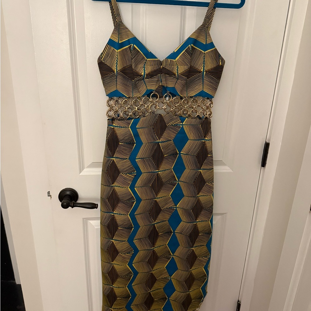 Alexis Blue and Gold Sheath Midi Dress with Spaghetti Straps